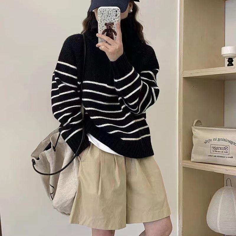 Pullover Female Versatile Design Sense Autumn Glutinous Contrast Loose Cover Flesh Stripe Knit Pullover Sweater Female Top