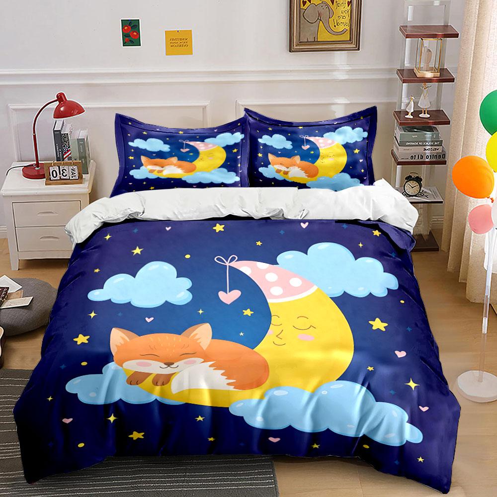 Sleeping Fox & Moon Bedding Set Bedding Duvet Cover Set Duvet Cover Pillowcases (1 * Duvet Cover 2 * Pillowcases, without duvet insert)