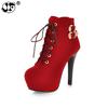Fashion Womens Winter Fashion Faux Suede Lace Up High Heels Ankle Boots for Women Platform Boots Shoes Large Size Red Black Brown
