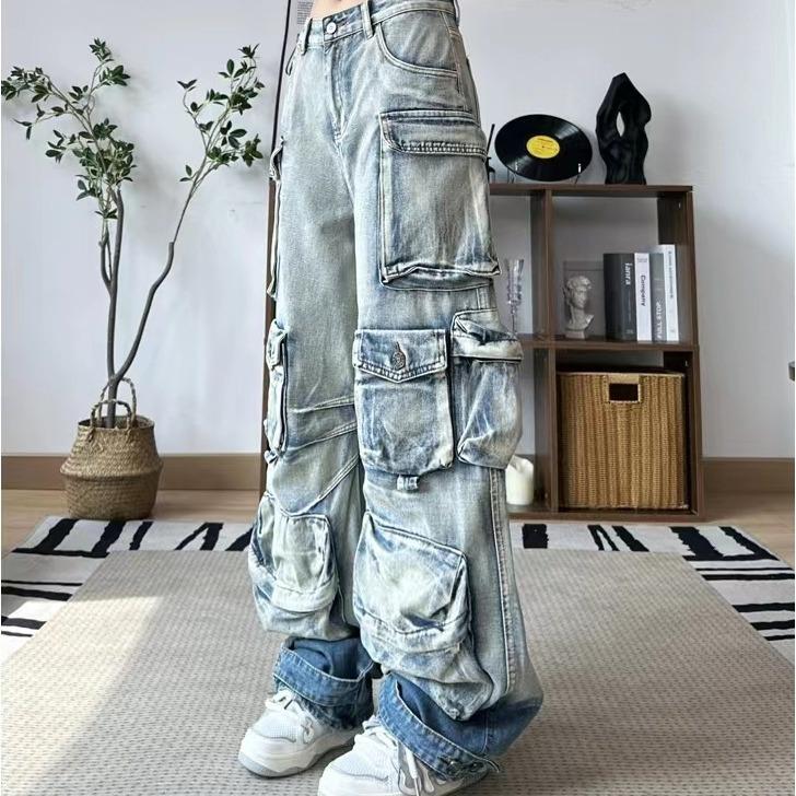 Women Blue Multi-pocket Cargo Jeans Women Wide Leg Jeans