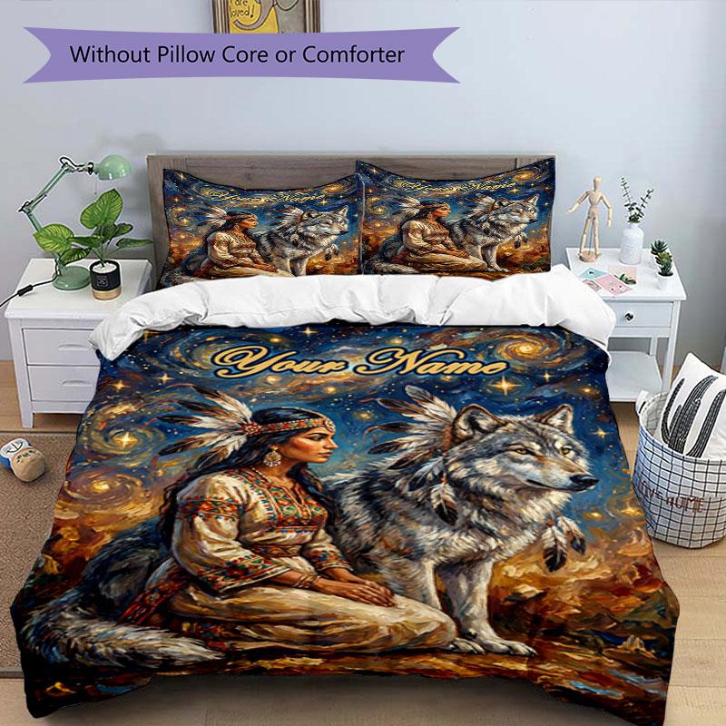 3pcs Custom Name Wolf Native American Spirit Bedding Set Printed Bedding Set Duvet Cover Closure Includes 1 Duvet Cover & 2 Pillowcases Bedroom Decor