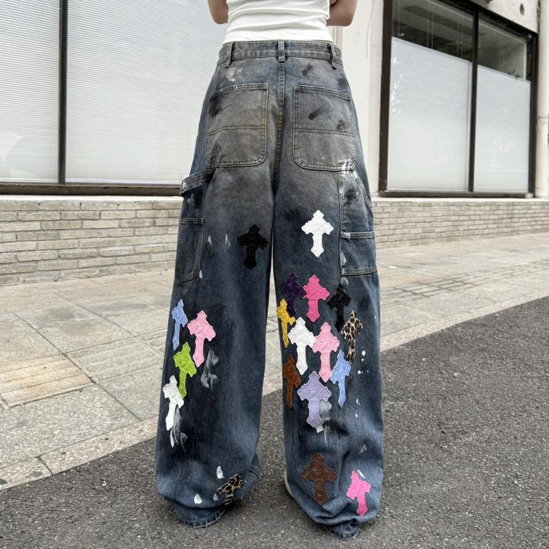 Womens High Street Distressed Jeans Wide Leg Splash Ink Straight Loose Fit Floor Length