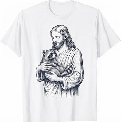 Jesus Holding Raccoon Black And White Sketch Art Religious Faith T-Shirt Graphic