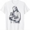 Jesus Holding Raccoon Black And White Sketch Art Religious Faith T-Shirt Graphic