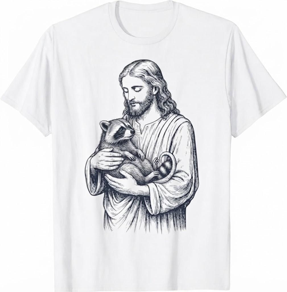 Jesus Holding Raccoon Black And White Sketch Art Religious Faith T-Shirt Graphic