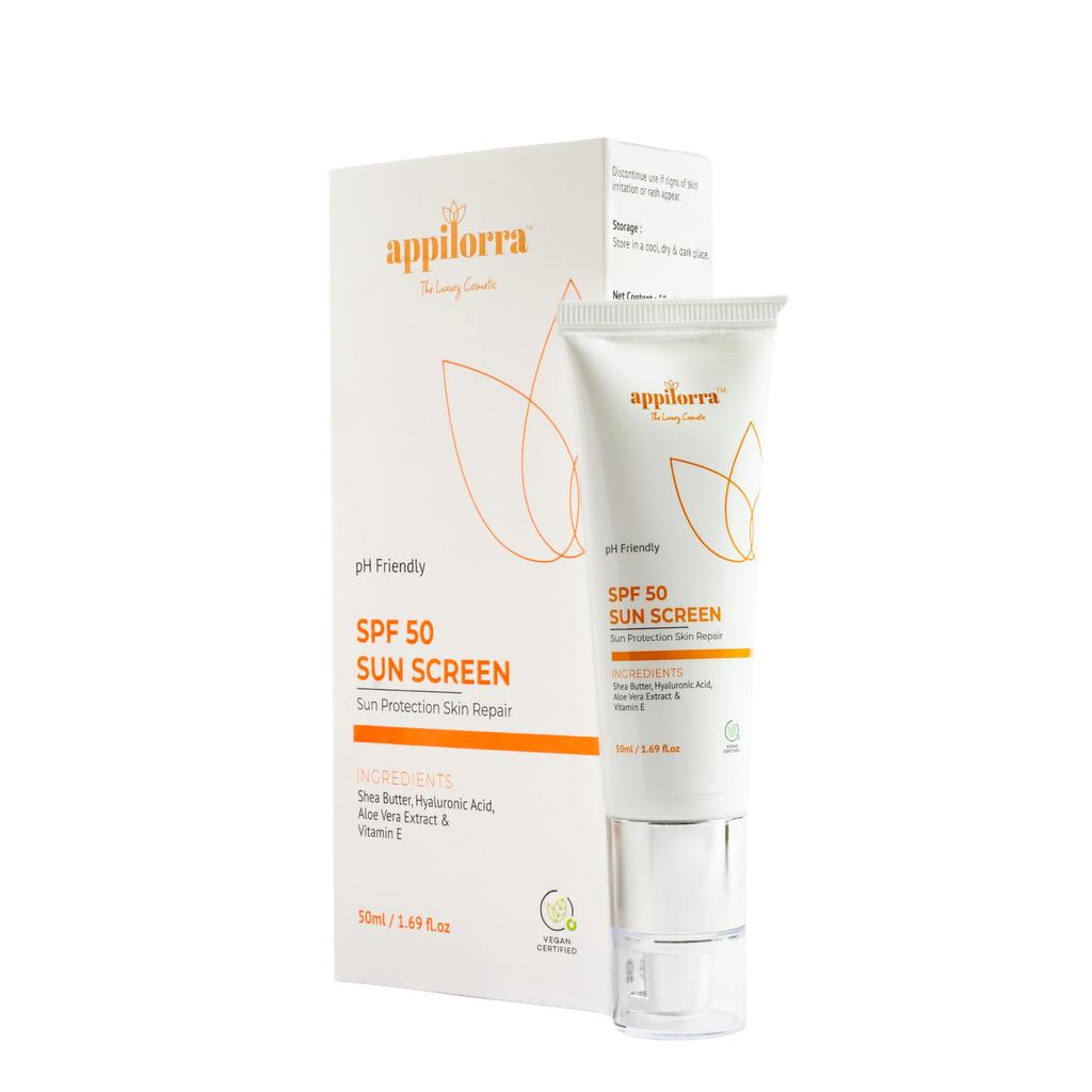 Appilorra Солнцезащитный крем SPF 50 PA+++ с маслом ши, гиалуроновой кислотой, алоэ вера и витамином E | Защита от UVA/UVB, Нежирный и водостойкий | Без W