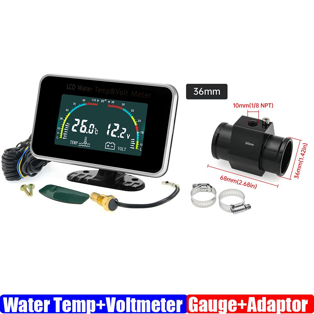 ZMFJH Universal Auto Car Dual Gauge 2 IN 1 LCD Gauge with Sensor Water Temperature+Voltmeter Water Temp Joint Sensor 26-40MM