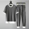 Men's Summer Elastic Breathable Casual Suit Thin Round Neck Pleated Short Sleeved T-shirt+pants Two-piece Set