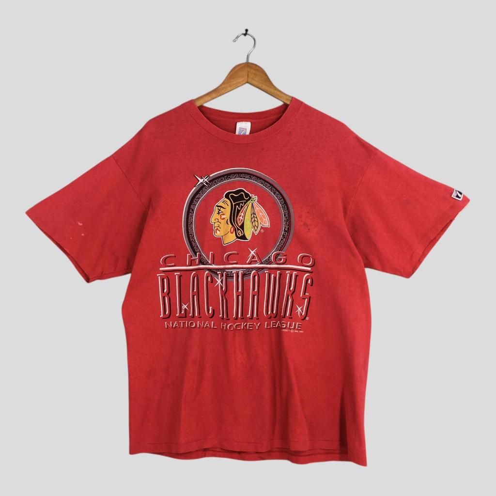 Vintage Chicago Blackhawks NHL Red Tshirt Large Chicago Blackhawks Printed Spell Out Champs Shirt Chicago Blackhawks Ice Hockey Logo 7 Tee L