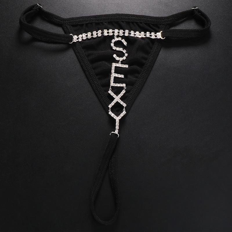 Fashion SEXY Letter Thong Panties Body Jewelry for Women Bling Rhinestone Waist Chain Thong G String Bikini Swimsuit