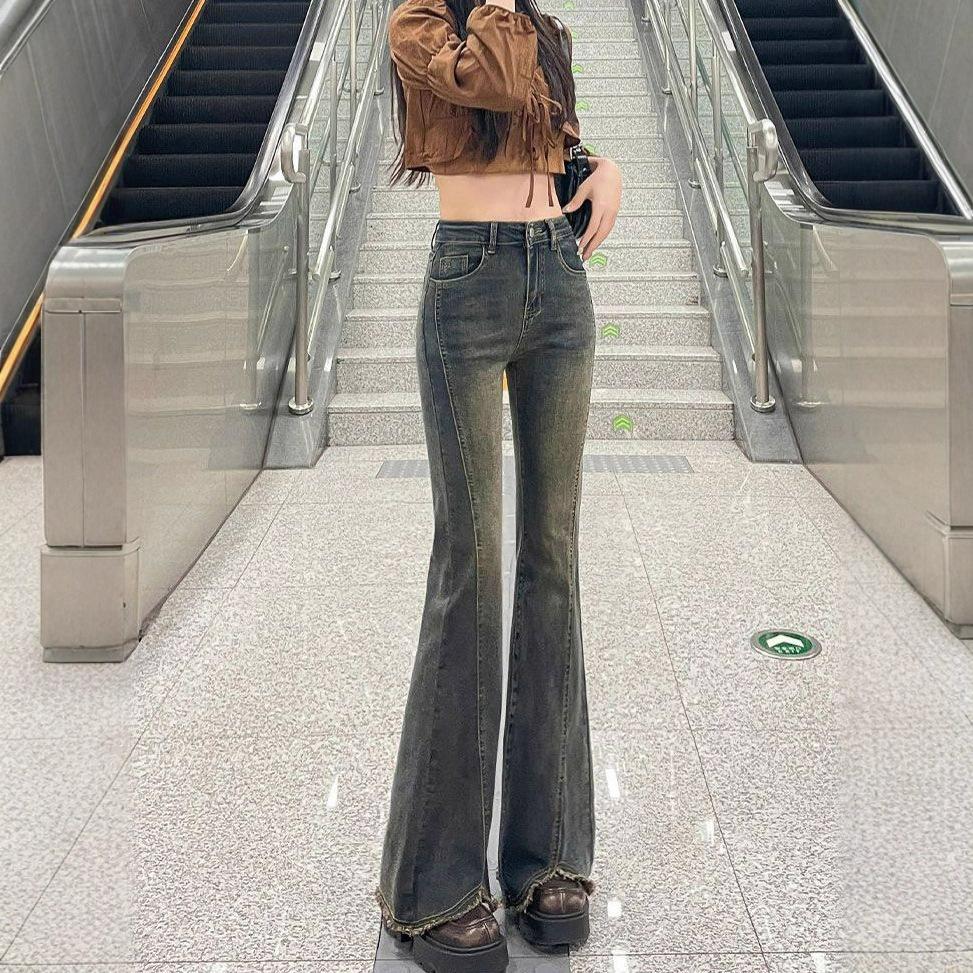 Comfortable Large Size Old Do Old Burlap Micro Flare Jeans Women Spring High-waisted Slim Dragging Floor Skinny Horseshoe Trousers Long Denim Pants