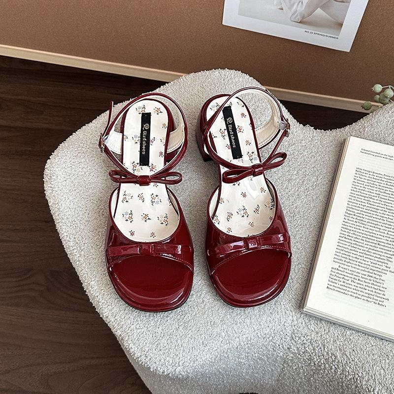 Модные босоножки на высоком каблуке в стиле феи с французским бантом и толстым каблуком, женские, летние новинки 2025 года с юбкой