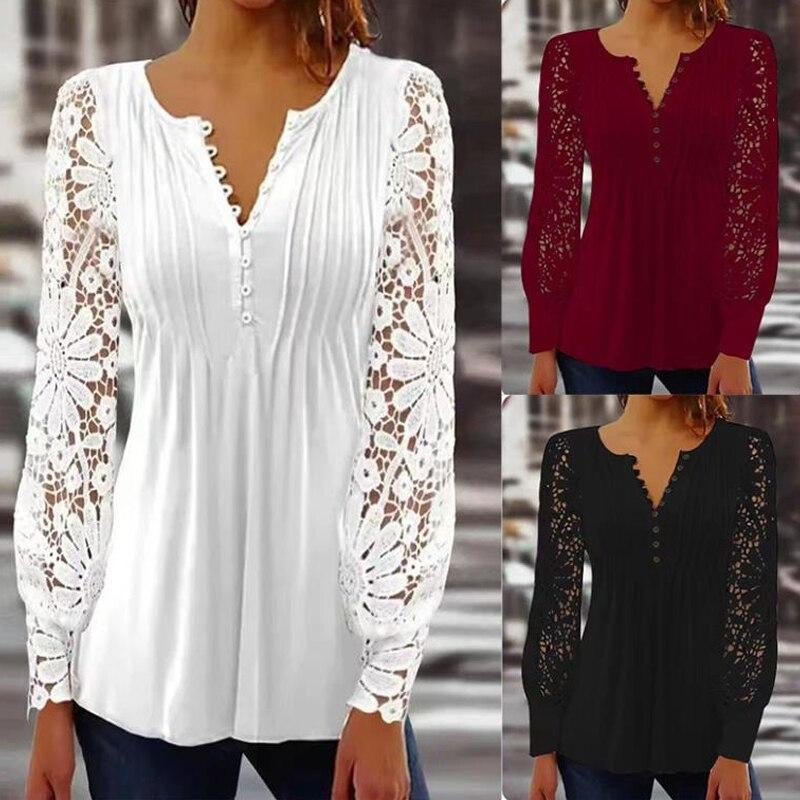 Elegant Long Sleeve Woman Lace Blosue Fashion Hollow Out Tops V Neck Solid Pleated Tops Vintage Blouses Women Plus Size Casual Slim White Shirt 24815