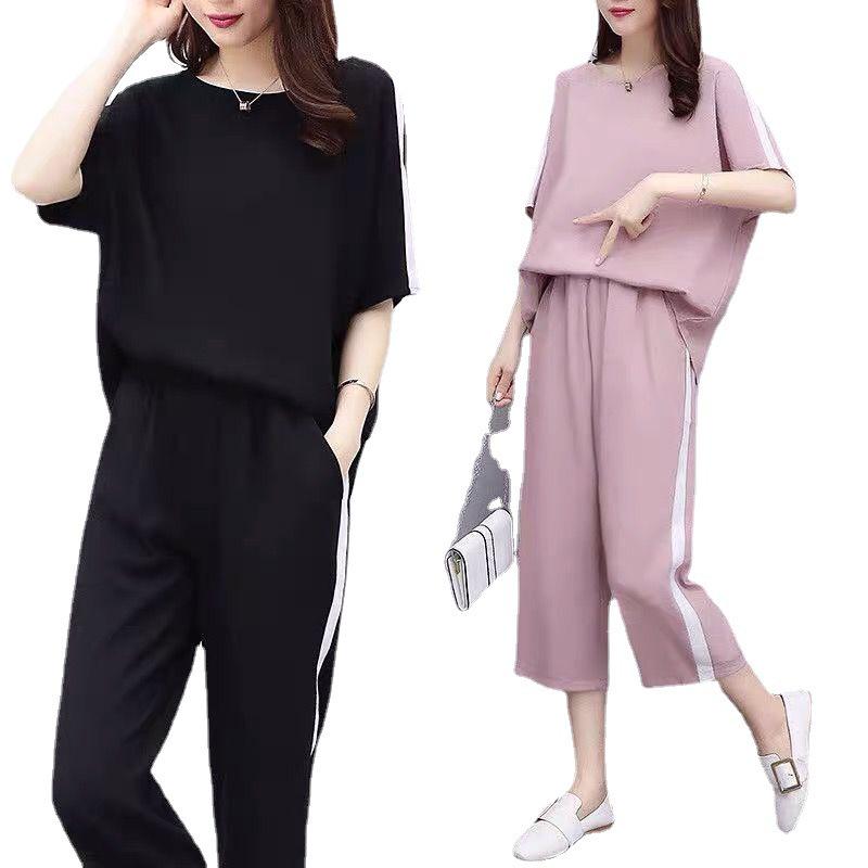 Женский летний костюм из двух частей больших размеров в корейском стиле: Узкий топ с короткими рукавами и свободные широкие брюки