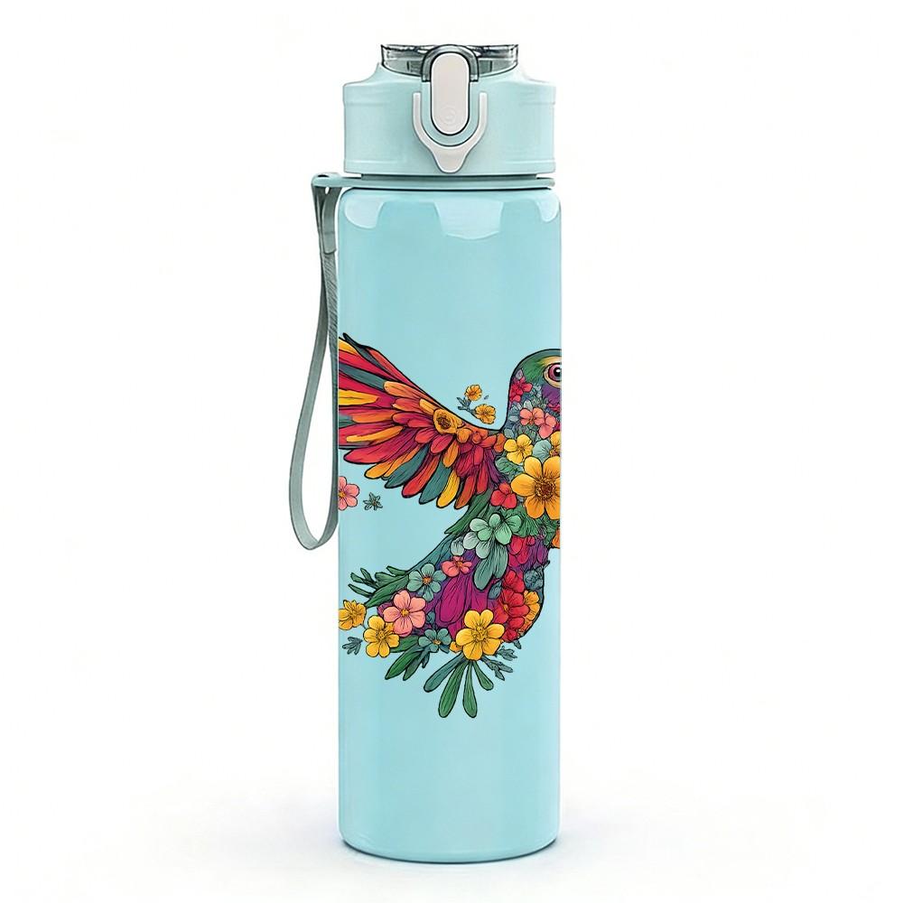 1PC Colorful Hummingbird Art 750ml Color Plastic Sports Water Bottle Leakproof Flip Straw Lid Suitable for Sports Office Home Use