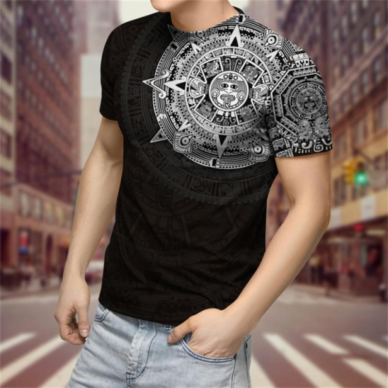 Mexico Aztec Men's T-Shirt, 3D Printed Short Sleeve T-Shirt, Day of Death, Street, Hip Hop, Large, 2023 New