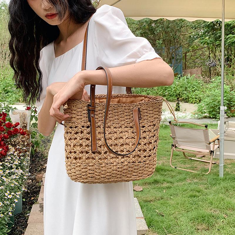 Соломенная сумка-ведро большой емкости для женщин, летняя тканая пляжная сумка-тоут с верхней ручкой, сумка-шоппер