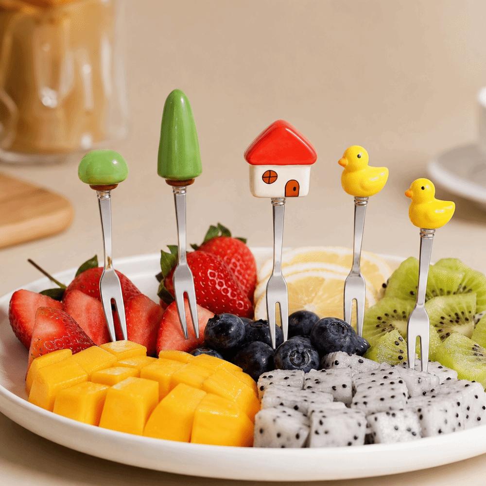 6Pcs Creative Stainless Steel Cake Fork Reusable Cute Fruit Forks  Coffee Stirring