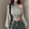 Slant Neck Off Shoulder Hoodie for Women, Autumn Loose Embroidered Short Top with Exposed Belly Button