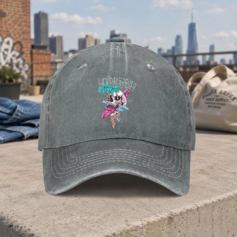 Skull Surfing Print Vintage Washed Baseball Cap Unisex Dad Hat Casual Street Style Accessory