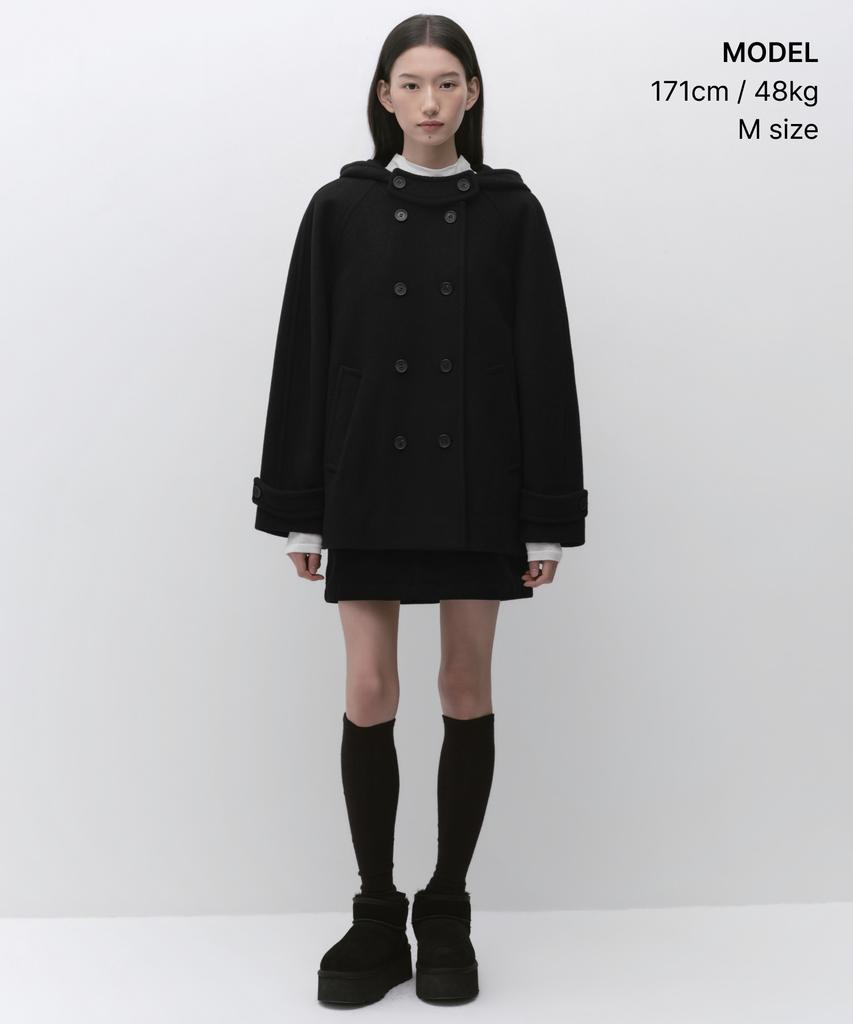 MUSINSA STANDARD WOMAN Женское двубортное полупальто с капюшоном из смесовой шерсти [Черный]
