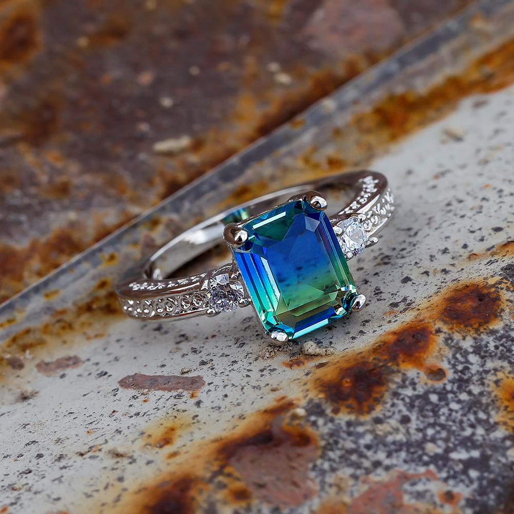 Квадратная форма зеленый синий кристалл циркон обручальное кольцо для женщин юбилей вечеринка темперамент аксессуар модные ювелирные изделия
