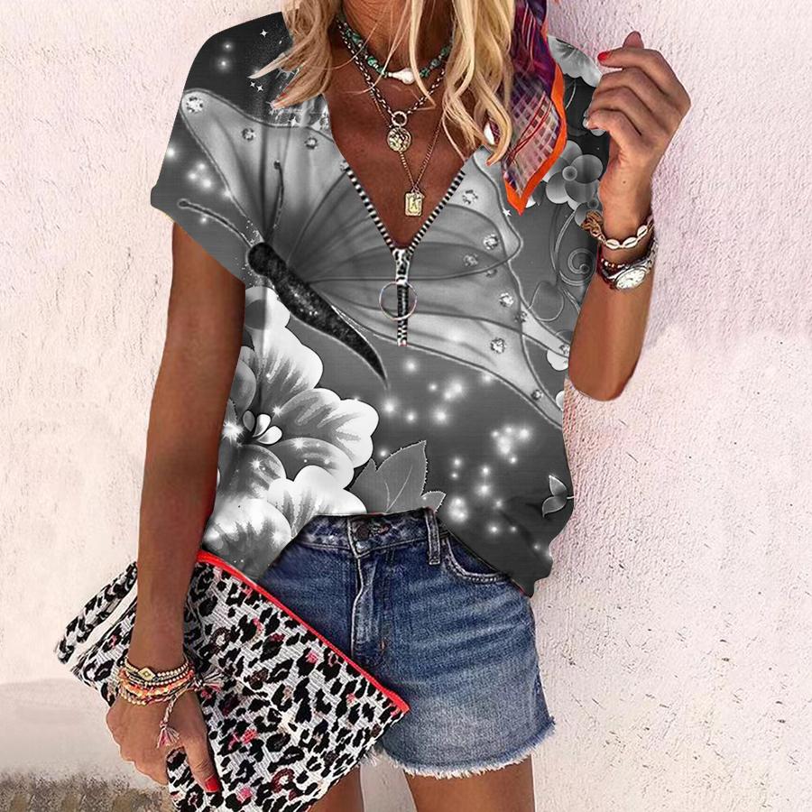 Женский топ, летний новый модный топ с великолепными цветами и принтом, повседневный топ на молнии с v-образным вырезом и короткими рукавами