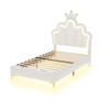 90*200cm Flat Double Bed, Crown-Shaped Princess Bed, Soft PU Leather Upholstery, Adjustable LED Ambient Light Strip, White