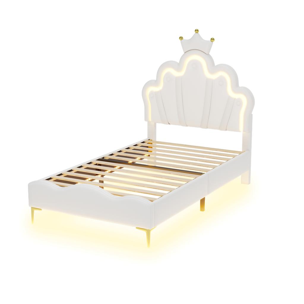 90*200cm Flat Double Bed, Crown-Shaped Princess Bed, Soft PU Leather Upholstery, Adjustable LED Ambient Light Strip, White