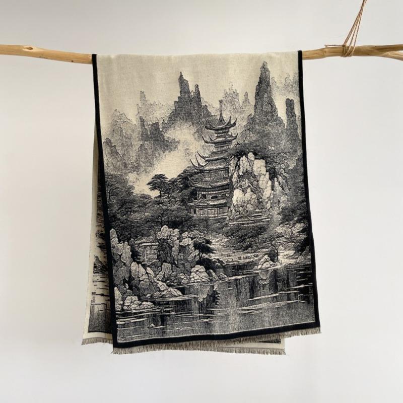 Vintage Chinese Style Thickened Imitation Cashmere Tassel Scarf For Women Winter Warm Outdoor