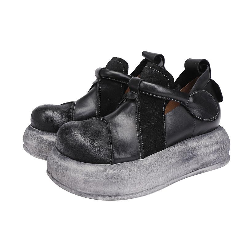 Johnature Genuine Leather Women's Flat Platform Shoes Versatile Vintage Round Toe Thick Soled Shoes
