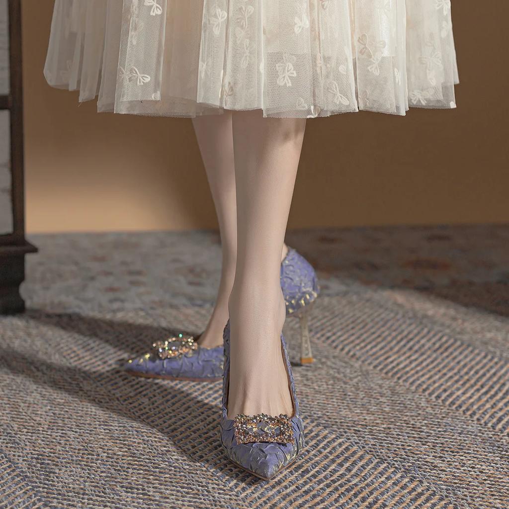 Модные летние туфли-лодочки на высоком каблуке принцессы, женские модные туфли на тонком каблуке со стразами, сексуальные туфли на одном ремешке, банкеты, свадебные вечеринки