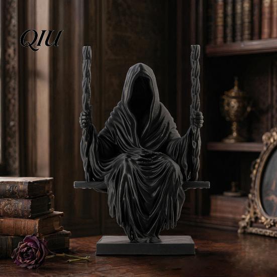 Matte Black Gothic Figure 3D Printed Sitting Reaper Statue, Faceless Man in Robe on Swing Sculpture Figurine, Cloak Ornament, Dark Style Figurine