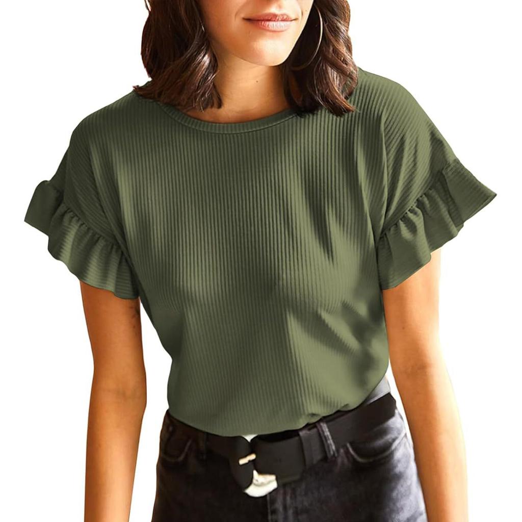 Женская футболка с коротким рукавом, повседневные базовые футболки, летние однотонные вязаные футболки свободного покроя с рюшами и круглым вырезом, блузки
