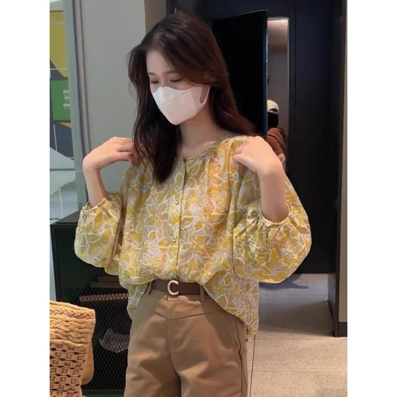 Spring New Korean Style Round Neck Puff Sleeve Printed Shirt for Women Loose and Versatile Long-sleeved Shirt