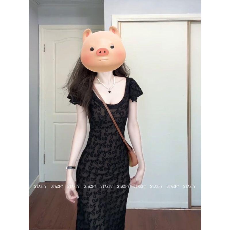 Youmeizi Stazf7 Plus Size Ladies French Pure Desire Flying Sleeve Dress Female Summer Elegance Retro Black Waist-Slimming Long Dress