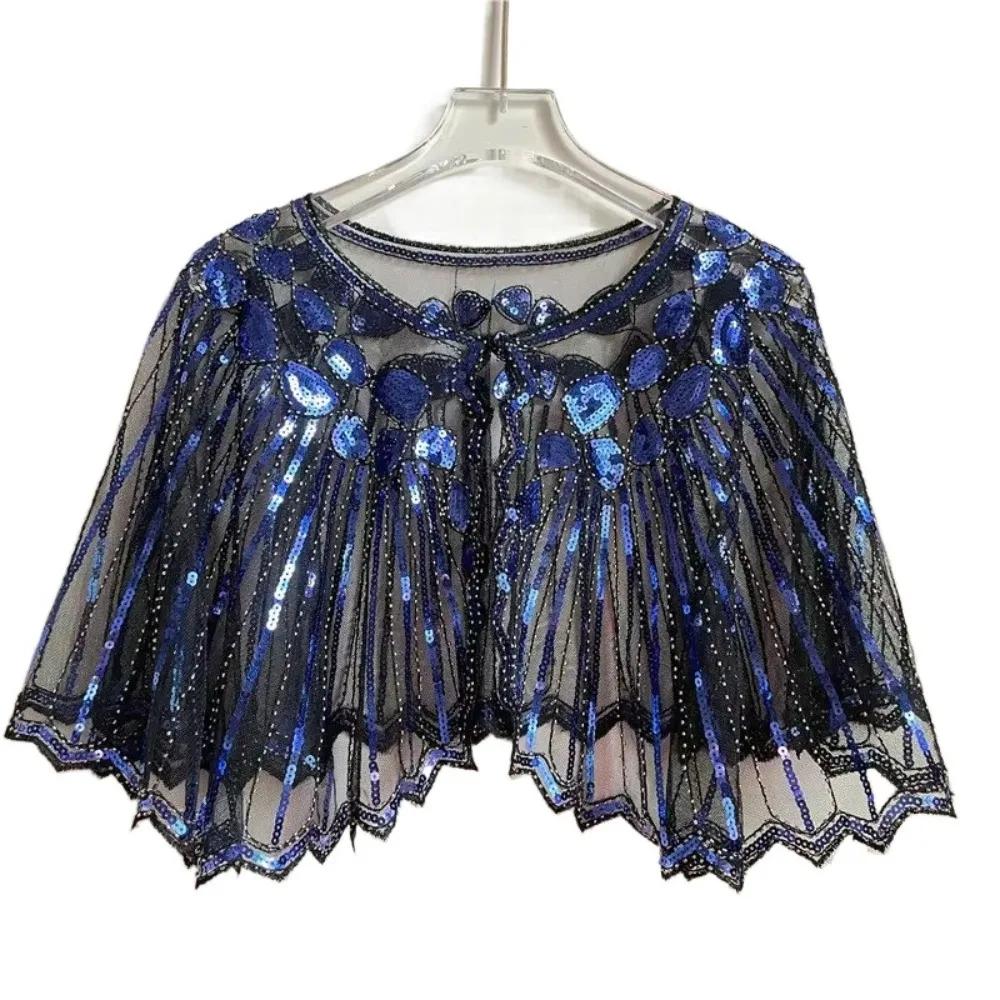 Beaded Decoration Women's Sequins Shawl Vintage Mesh Evening Cape Up Dress Accessory Short Cover Flapper Party Shawl Ladies