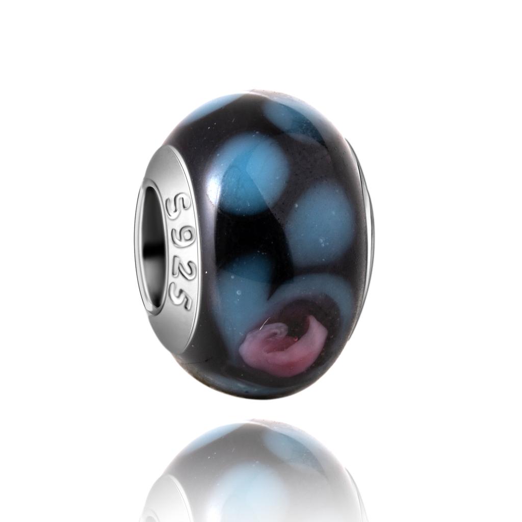 Муранское стекло Серия стерлинговое серебро 925 пробы Медный павлин синий и лепесток цветка Вращается Шарм Подходит для браслета Женские изящные циркониевые аксессуары