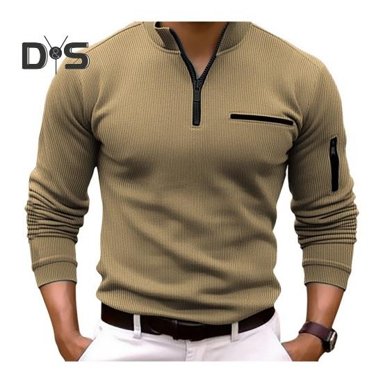 Осенне-весенняя мужская рубашка на молнии с полуоткрытым воротником-стойкой, однотонная, формальная, деловая, эластичная, для офиса, встреч, повседневная