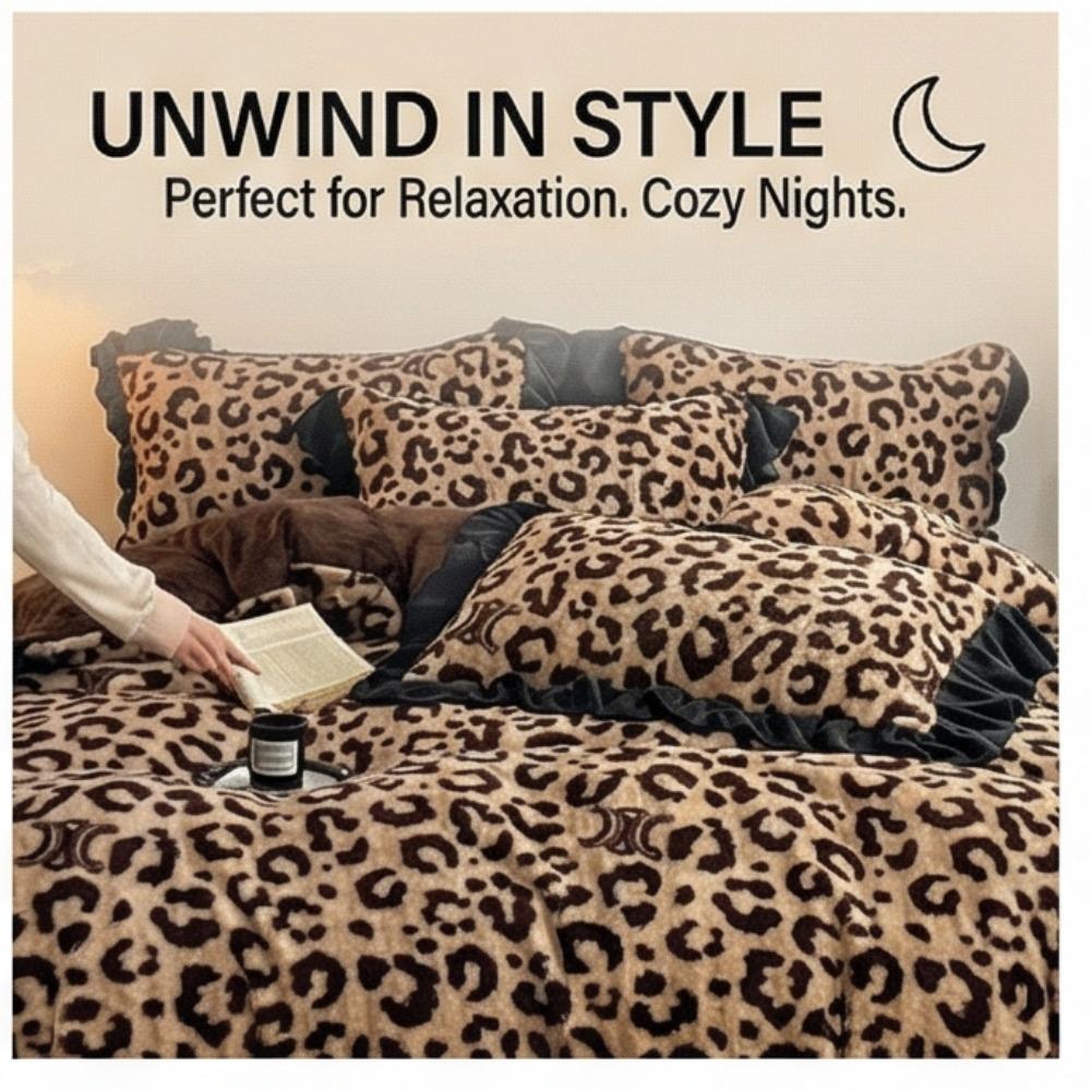 Зимний роскошный комплект постельного белья из четырех предметов с леопардовым принтом и кроличьим мехом - Пододеяльник с дополнительным наполнителем и утолщением для повышенного тепла и комфорта.