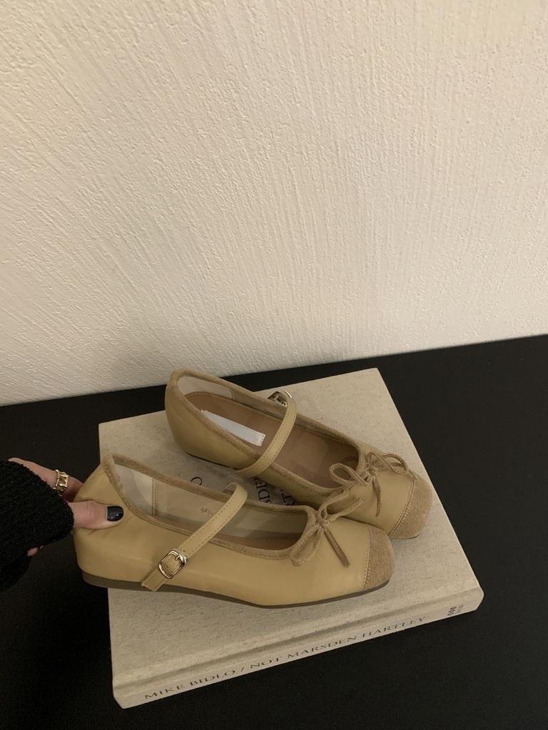 Inner Height Increase Mary Jane Shoes Women's Spring 2025 New Bow Square Head Silver Splicing Flat Ballet Shoes