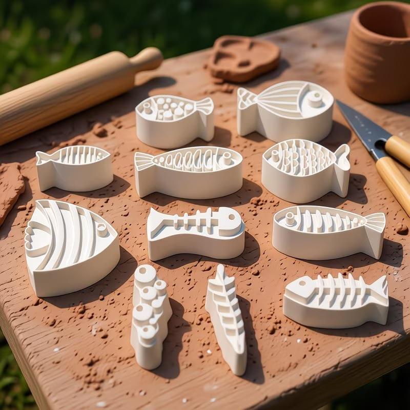 12 шт. Штампы для глины DIY Формы Рыб и Морских Водорослей Пластиковые Печати Идеально для Детских Творческих Занятий Керамикой
