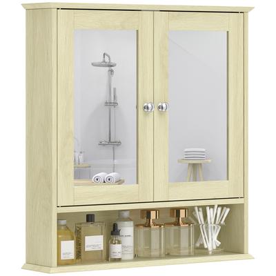Настенный шкафчик для ванной комнаты с зеркалом, 56 x 13 x 58 см, тумба для ванной комнаты с двойными зеркальными дверцами, натуральное дерево