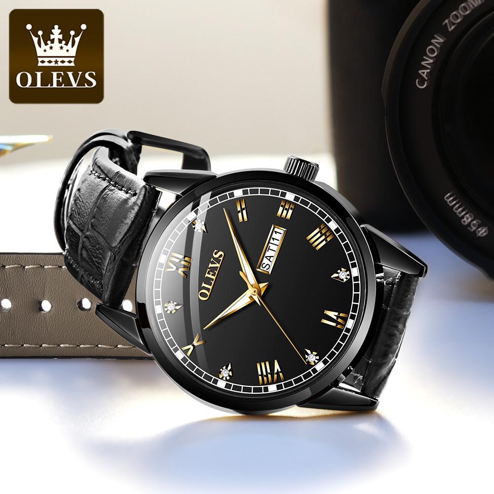 OLEVS 6896 Men Quartz Movement Watch Fashion Diamond Roman Index Leather Strap HD Luminous Function Waterproof Calendar Watch