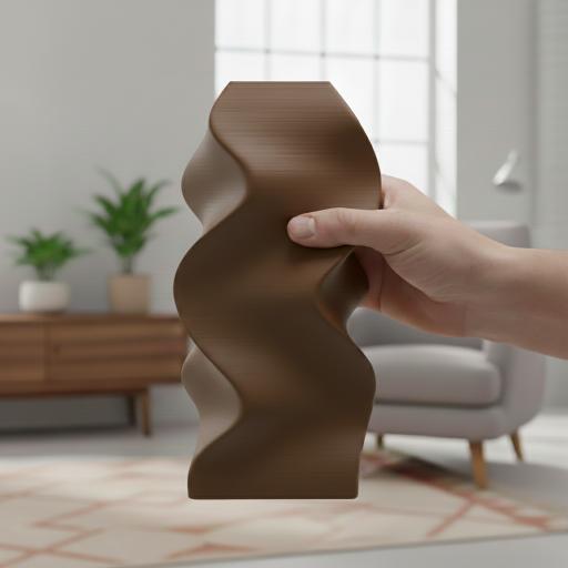 Brown decorative wavy vase for flowers, spiral shape, elegant