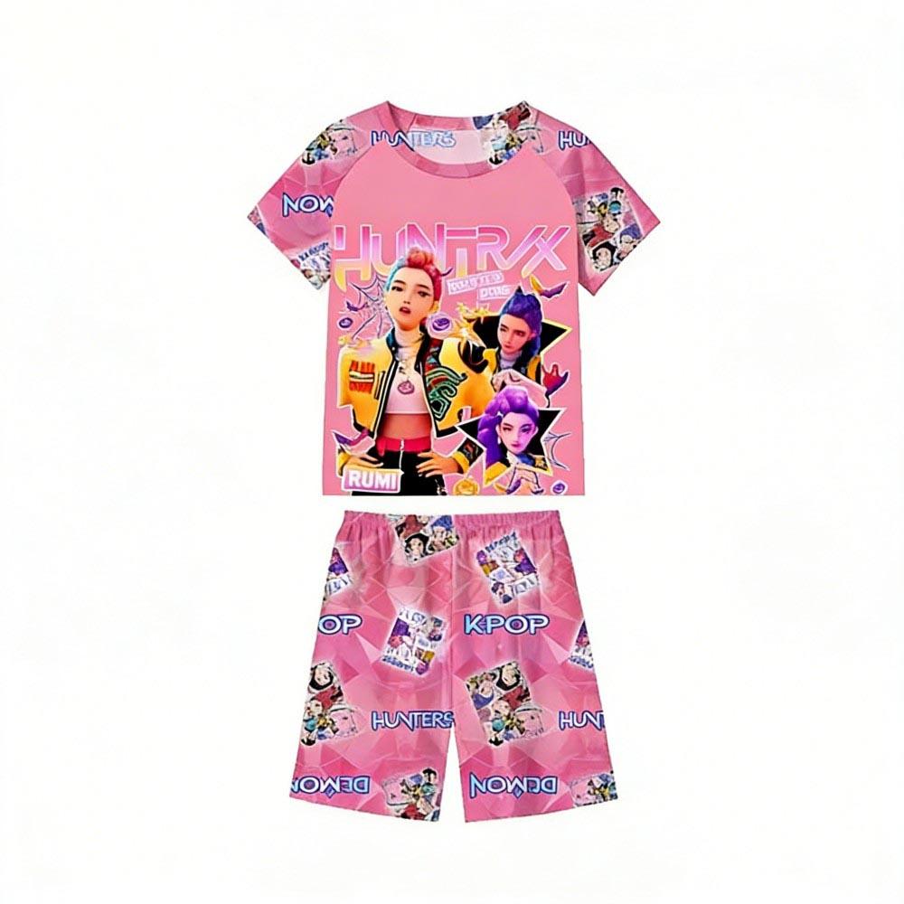Fashion Kids Pajamas Set Kpop Demon Hunters Printed Children's O Neck Short Sleeve Tops Shorts 2pcs Summer Girls Casual T Shirt Sets