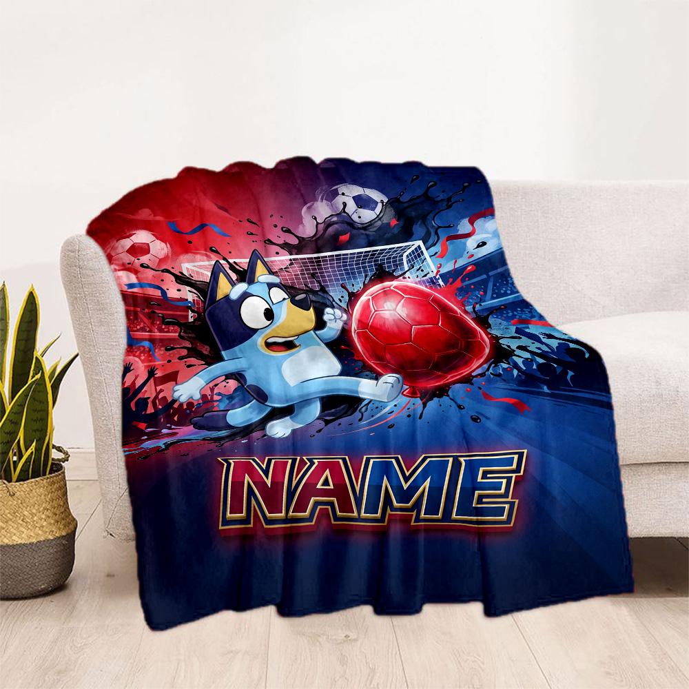 Soccer Fun Bluey Personalized Name Blanket Lightweight Customizable Blanket Comfortable Throw For Bedding Couch Home Decor Sofa All-Season Use