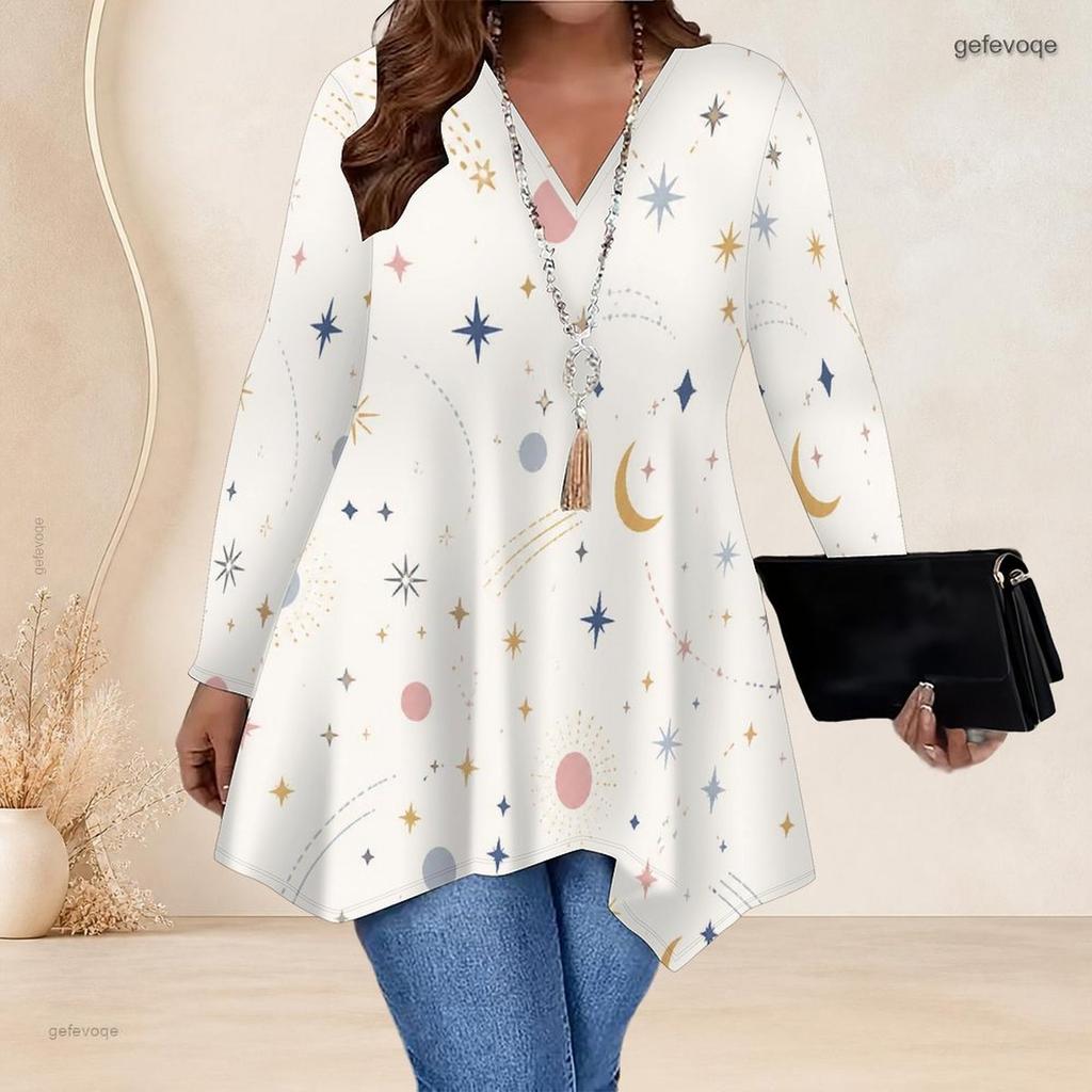 Plus Size Women V Neck Long Sleeve Loose Top With Irregular Split Hem For Casual Occasions