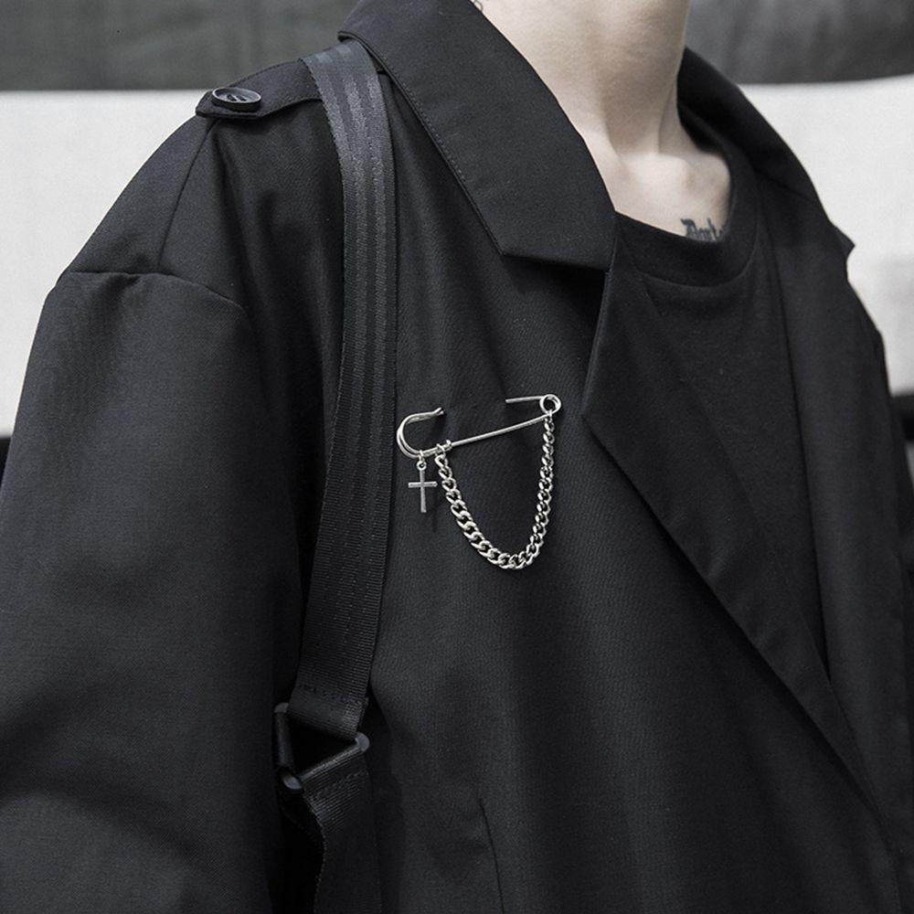 Couple Gifts Suit Accessory Minimalist Long Chain Punk Brooches Cross Pendant Big Pins