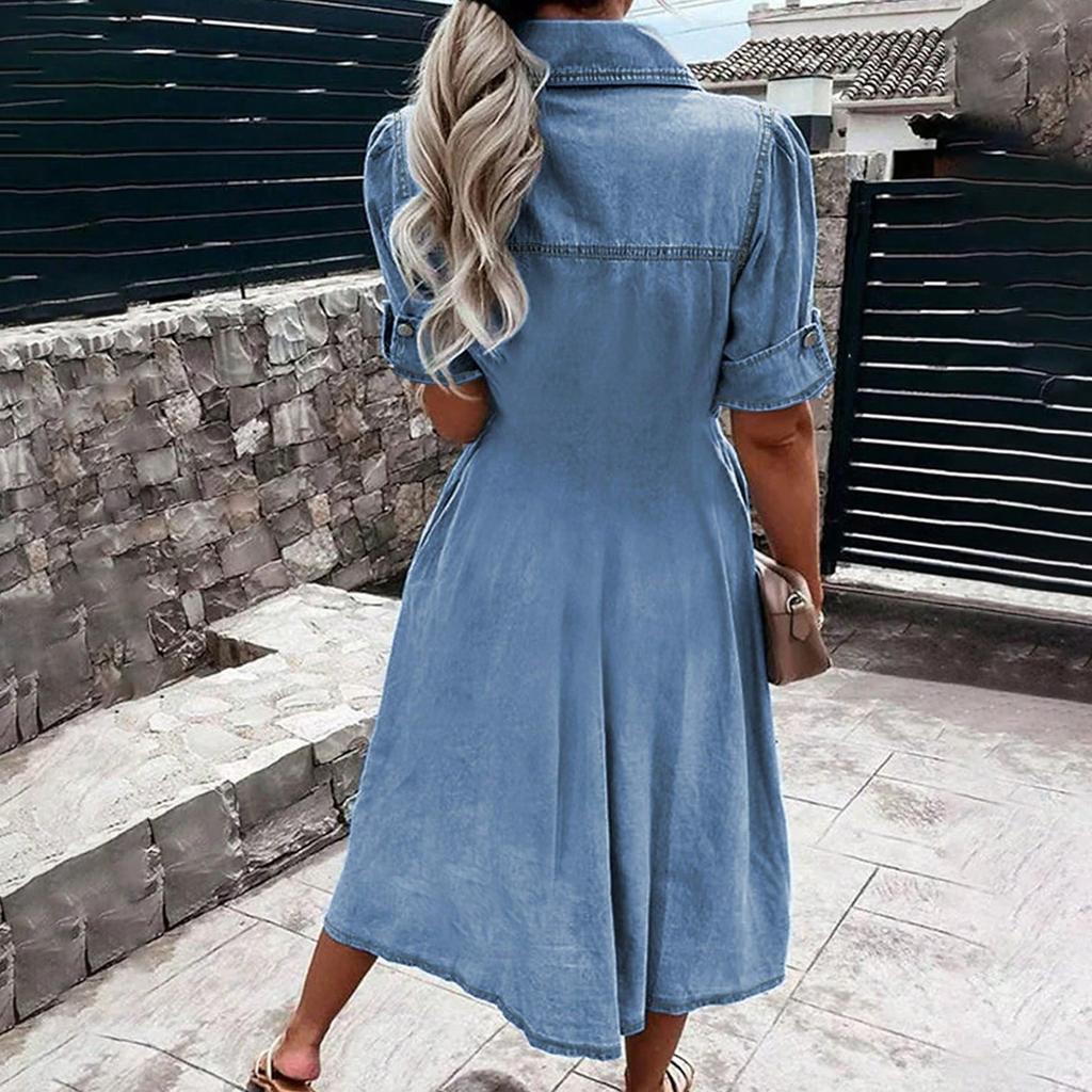 Ladies' Casual Denim Short Sleeved Single Breasted Dress